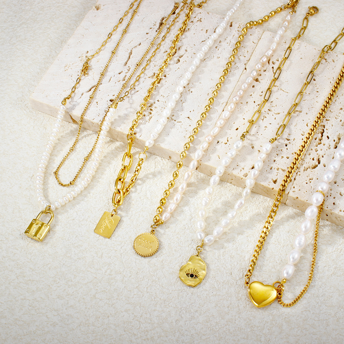 极简几何椭圆珠首饰套装项链 不锈钢双层项链