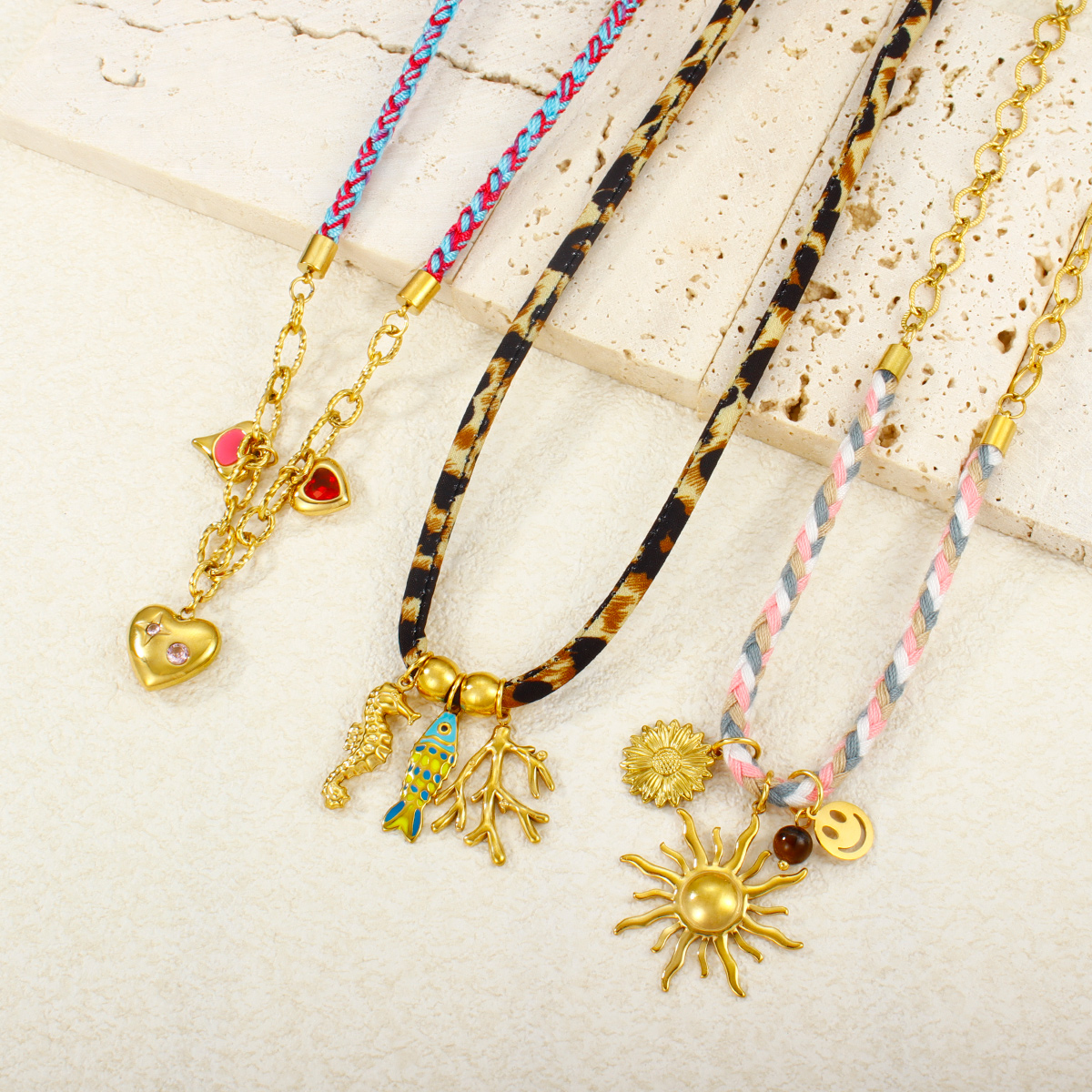 18K镀金PVD不锈钢链条拼接项链，防水太阳雏菊花朵