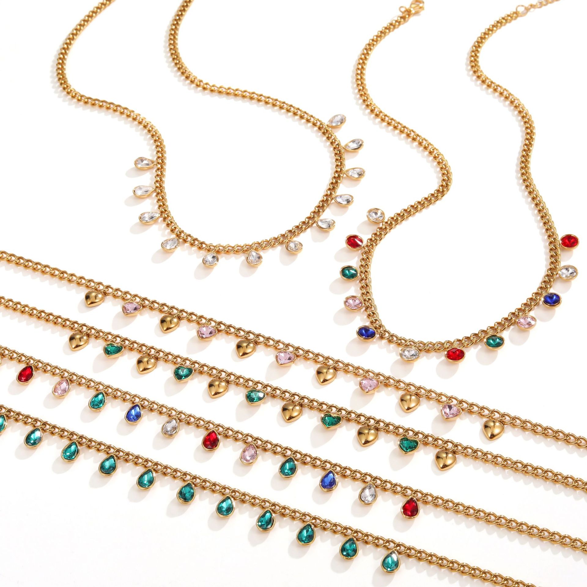 彩色锆石叠戴项链，PVD镀18K金不锈钢